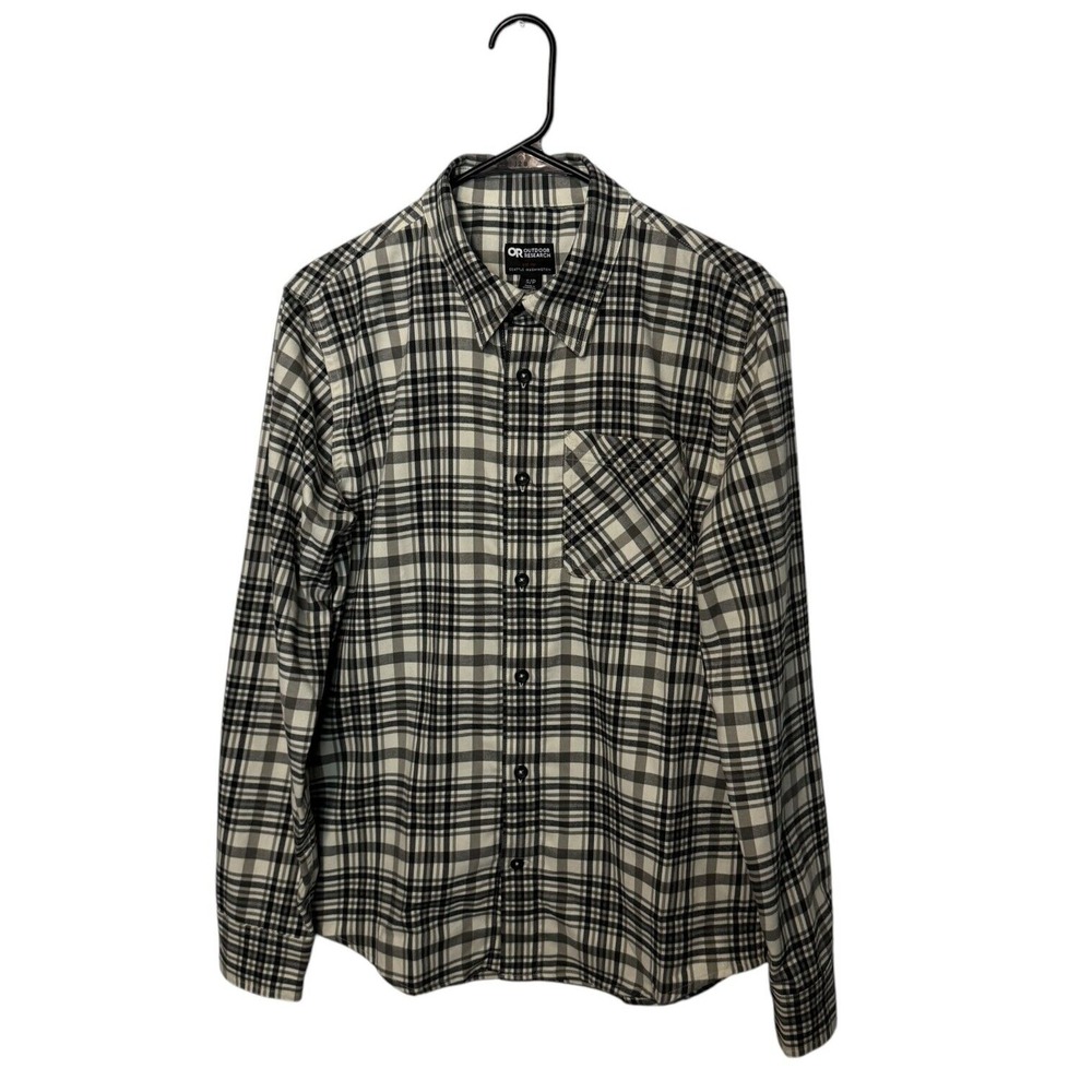Outdoor Research Kulshan Flannel Shirt Mens Small Black Tan White Plaid Hiking